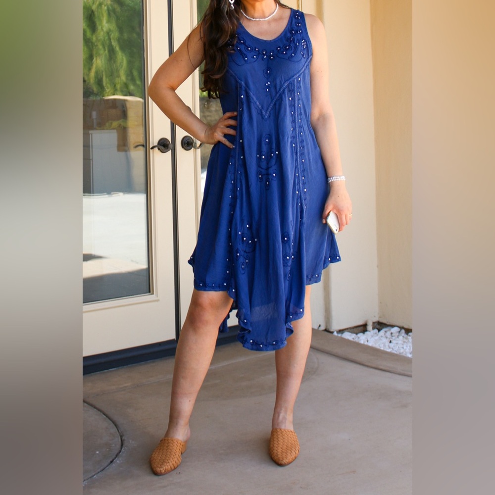 Tamsy Blue Embroidered Sequin Umbrella Dress One Size Brand New